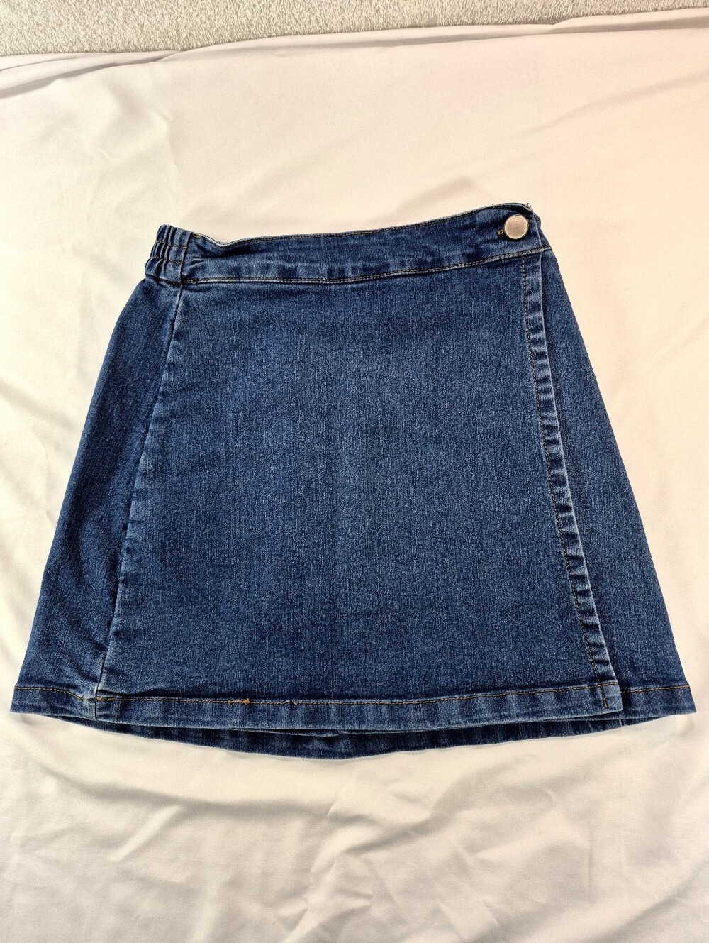 Copper Key Asymmetric Wrap Mini Denim Skirt Medium Wash Blue Size Small